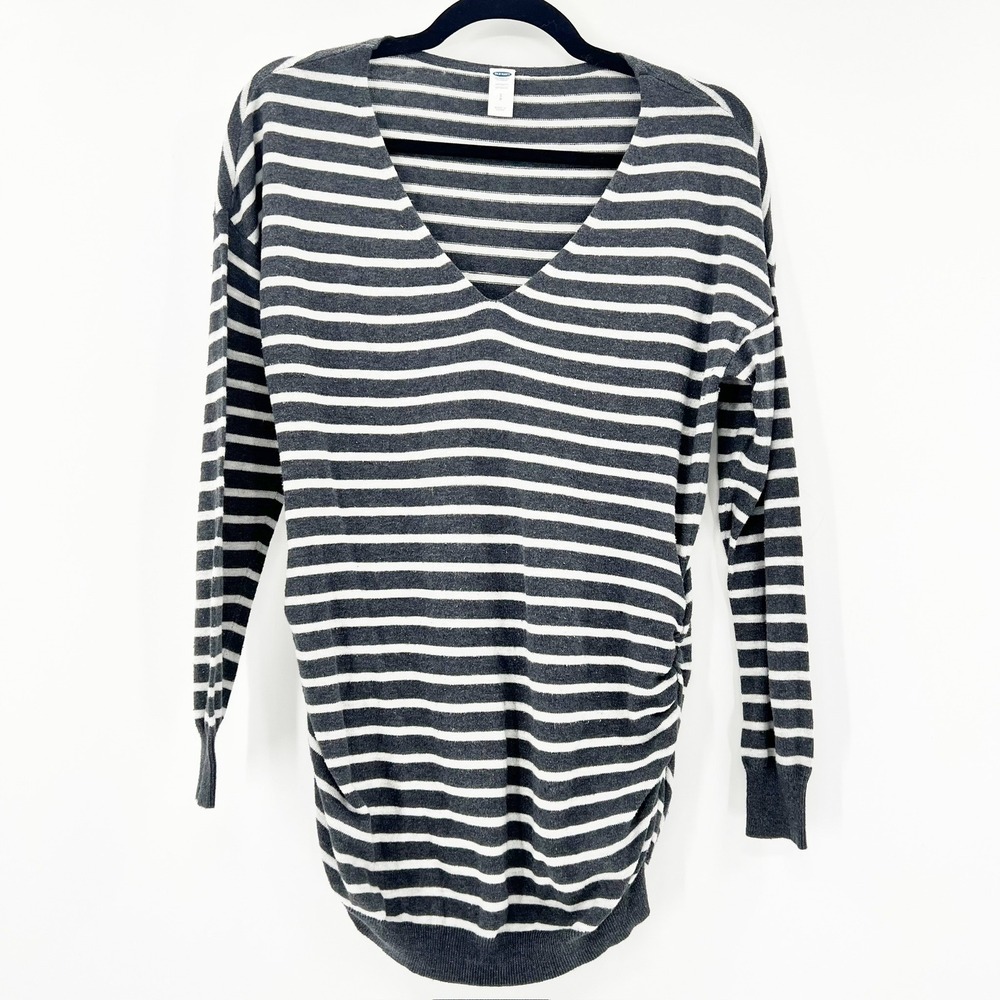 Old Navy Maternity Sweater Women Small Gray Excellent Striped V-Neck Ruched Side